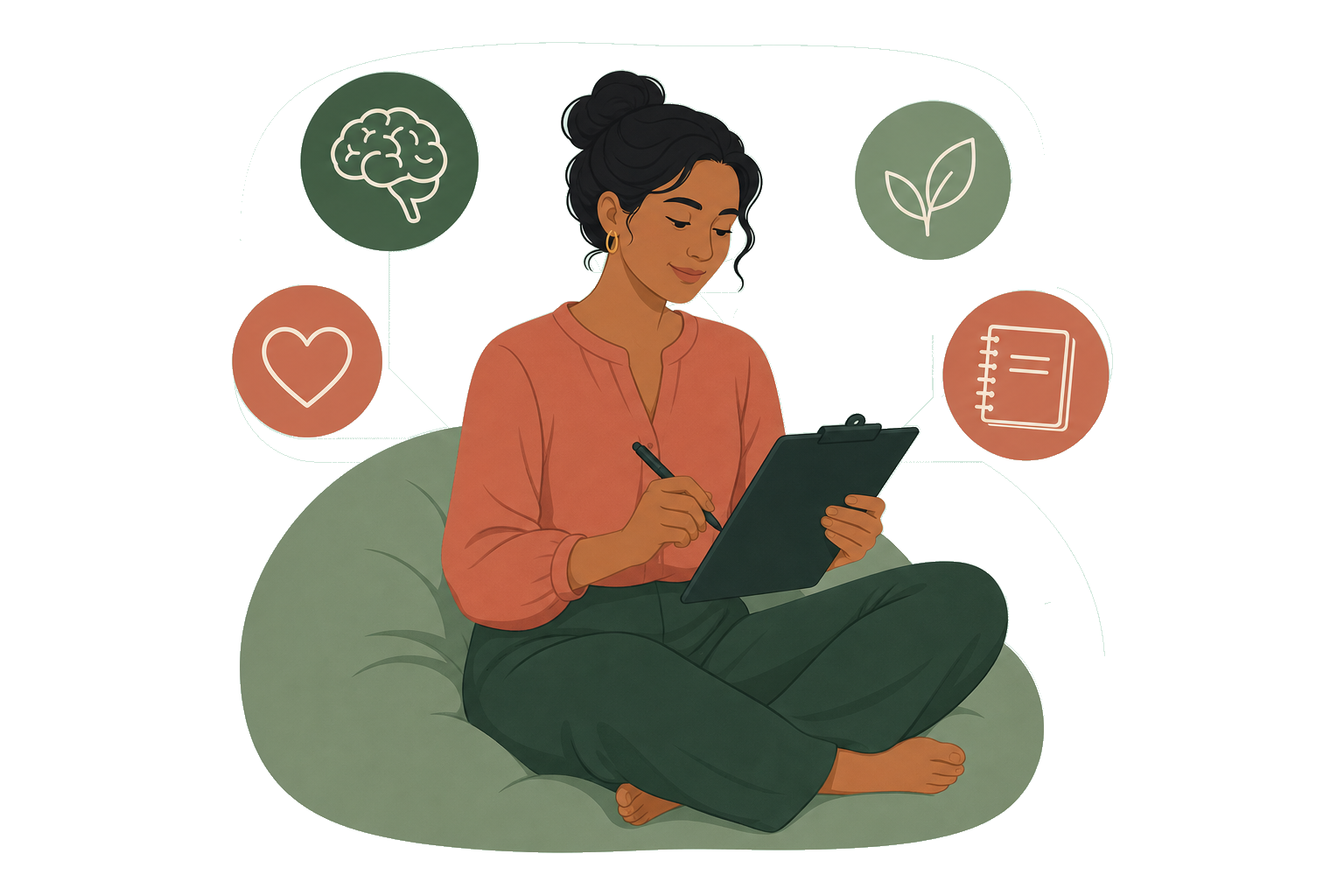Illustration: Frau sitzt ruhig und füllt einen psychologischen Online-Test aus